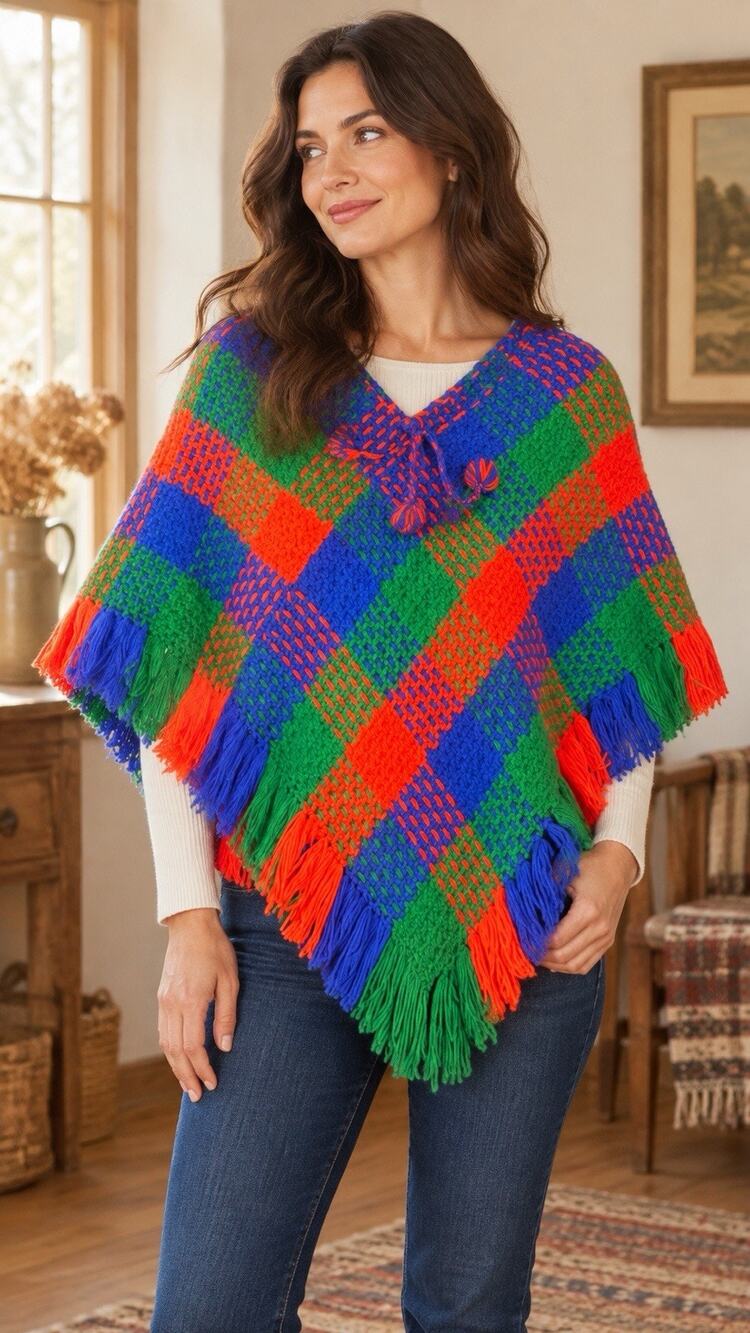 VTG Boho Poncho With Fringe, Handmade Crochet - One Size Fits Most